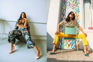 Two women show how to pose as model while sitting down