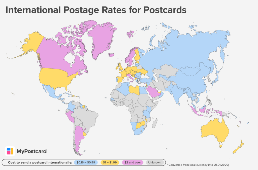 International postage rates for postcards shown as cheap, middle and expensive by color on the world map