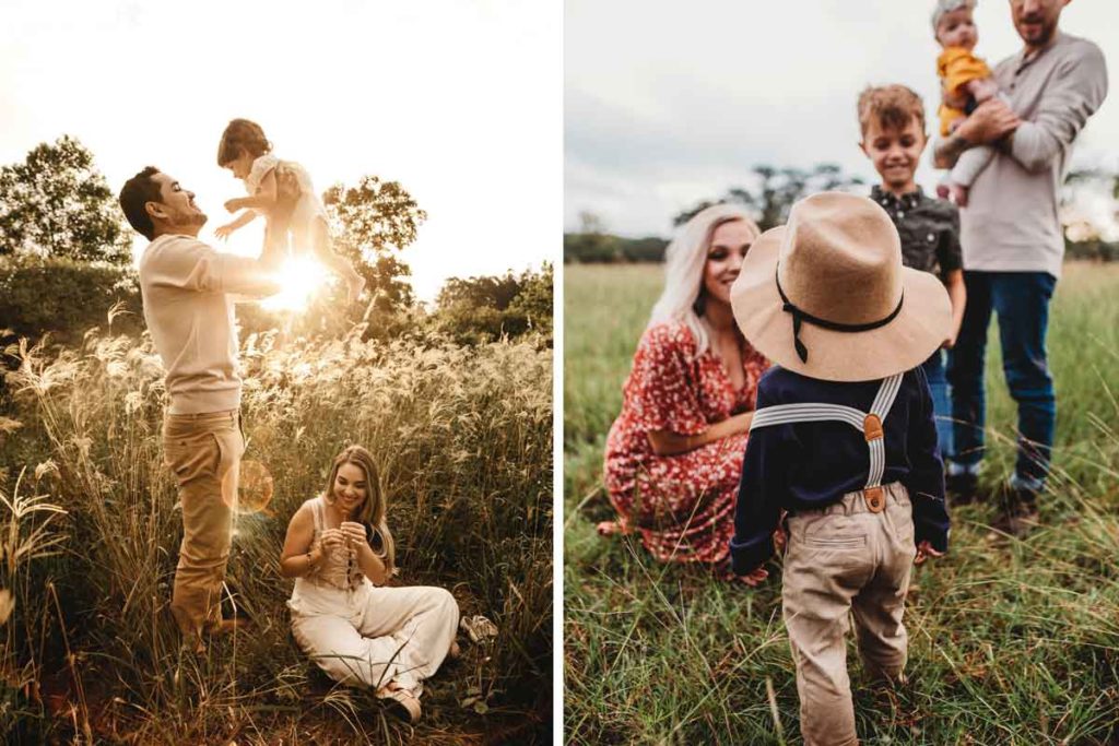 Zwei Familien mit abgestimmter Kleidung für perfekte Familienfotos
