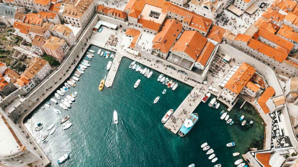 Aerial view on the port of Dubrovnik with boats
