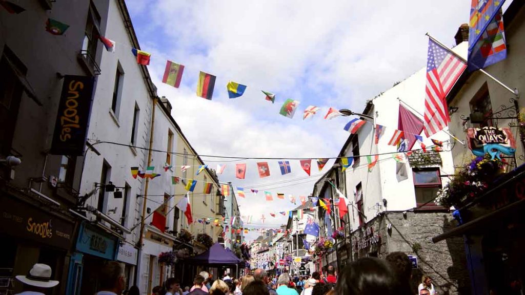 A shopping street in Galway, colourful decorated