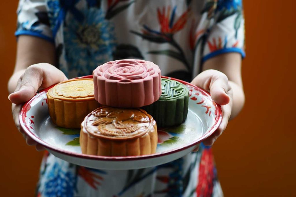 Traditional mooncakes on a plate for Mid Autumn Festival