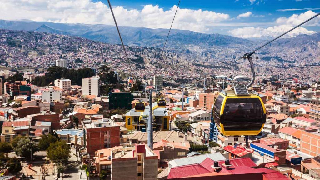 View on the city of La Paz, Bolivia with aerial cable car urban transit system