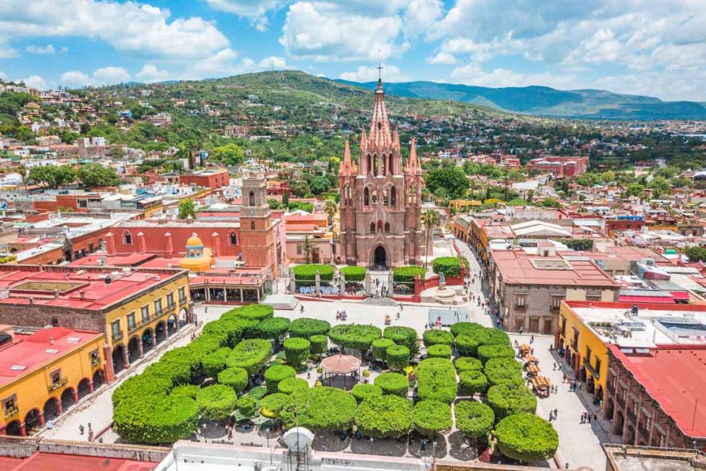 Blick aus der Vogelperspektive auf den Hauptplatz von San Miguel de Allende