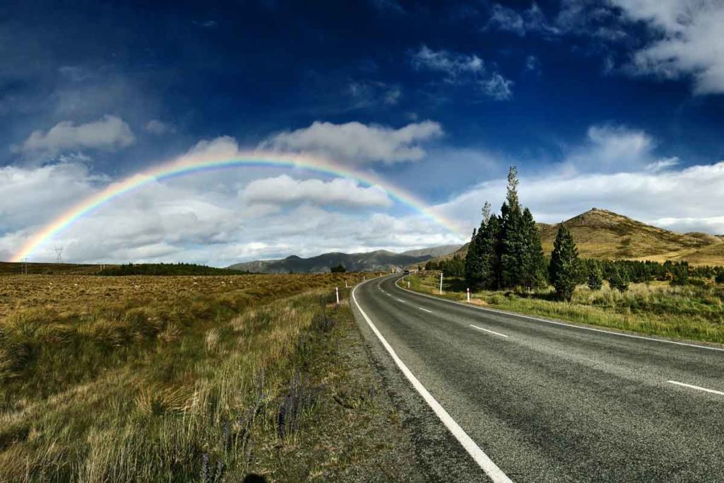 Tekapo landscape with a wide view and rainbow