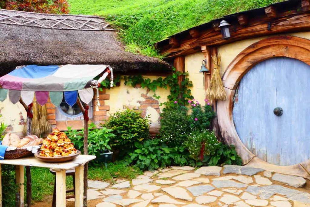 Food in front of the set off world famous travel movie, The Hobbit