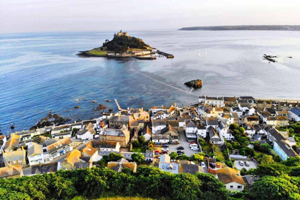 Marazion and St. Michael's Mount in Cornwall on the blue sea