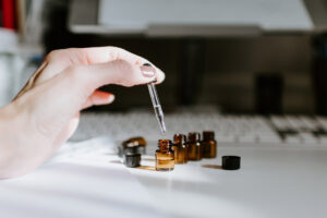 Bottles of massage essential oils on the table