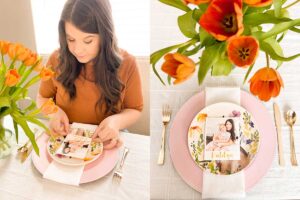 On the left a woman sits with a finished SIY instant print place set creation. On the left the photo shows the finished project from bird's eye view.