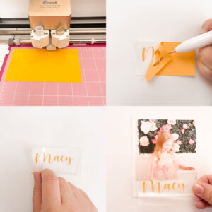 4 photos show the process of cutting letters using a die machine to create the DIY print place setting in the bottom right.