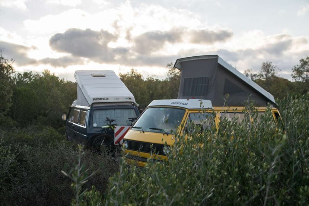 Wild camping with camper vans and rooftop camping in green nature