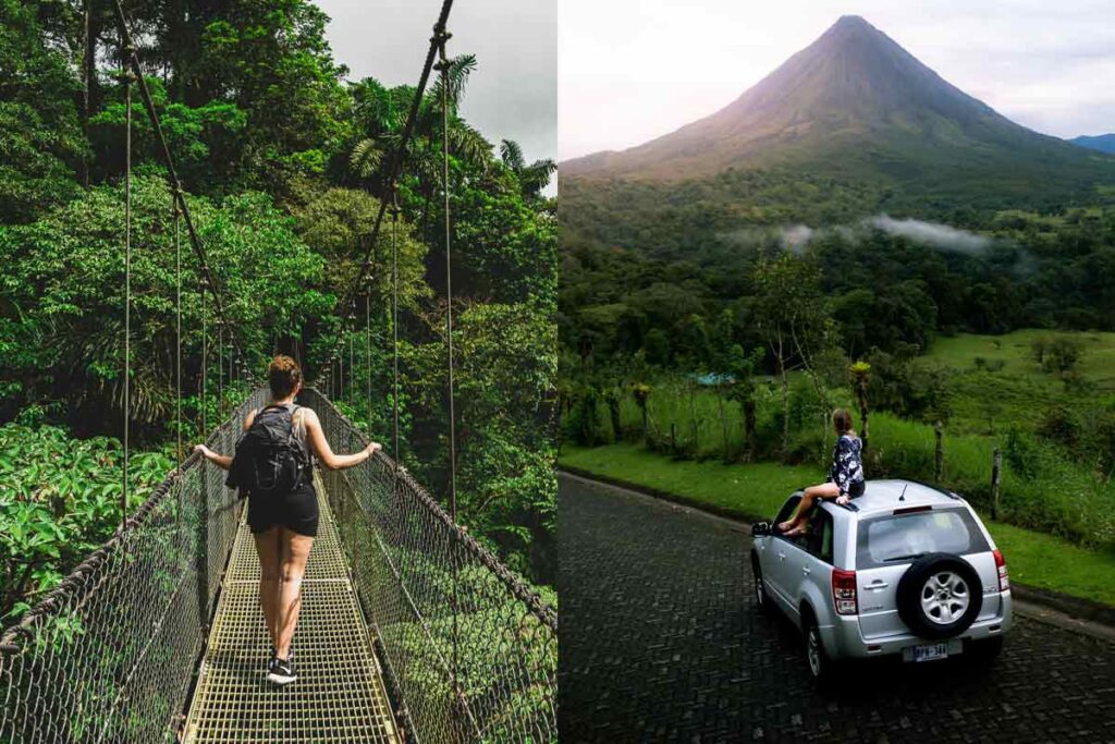 2 Bilder. In dem ersten bild läuft eine Frau weg über eine Brücke. In dem zweiten Bild sitzt eine Frau auf dem Auto vor ein Volcano. Beide Fotos wurden in die Gap Year Reiseziele in Thailand gemacht.