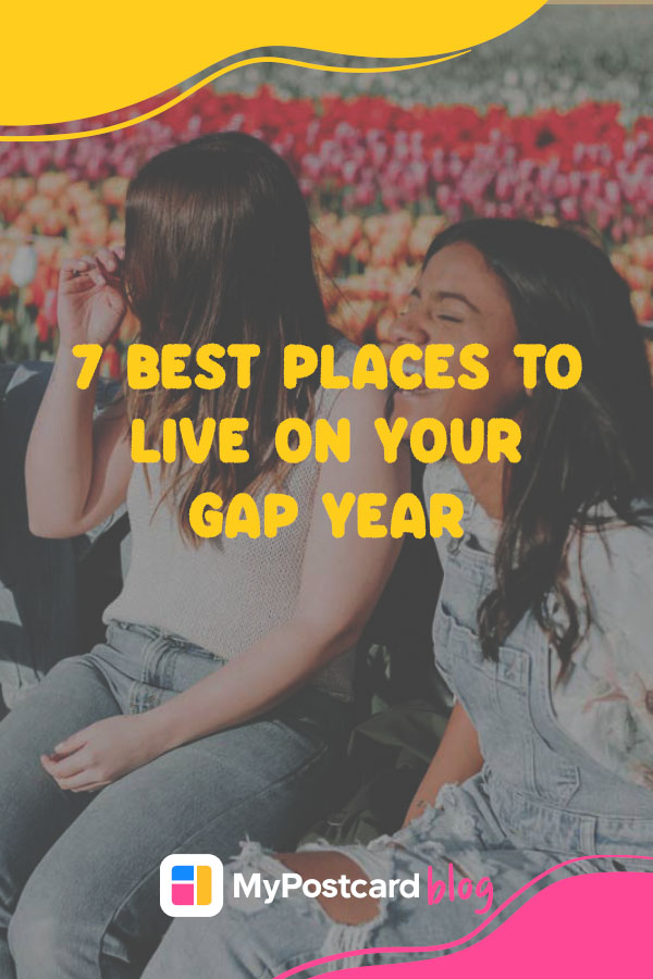 gap year destinations pin with young women laughing in the background and overlied title