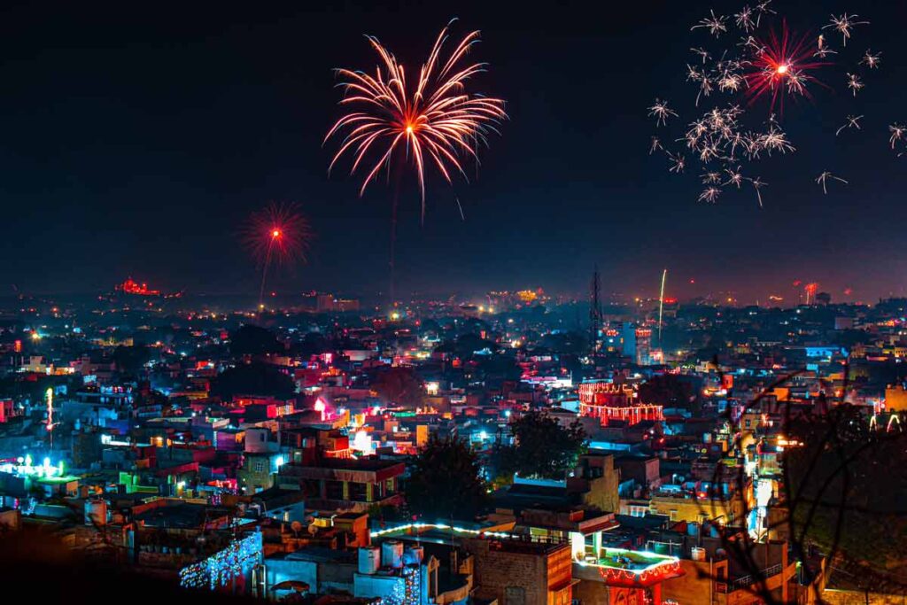 The Diwali festival at night under fireworks 