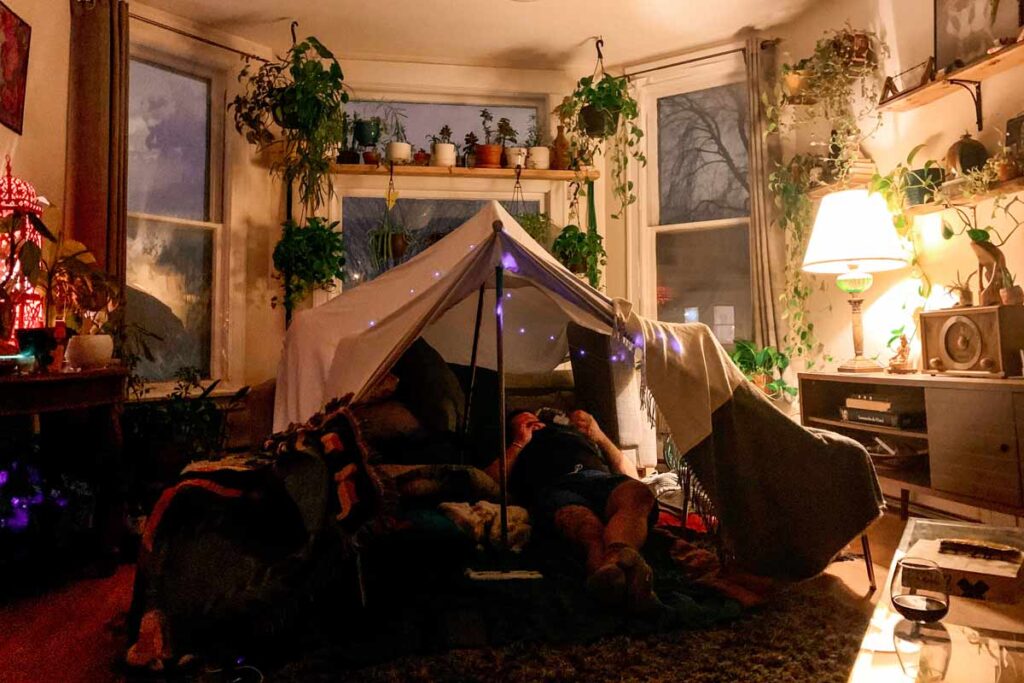 Tent in the living room as part of the Christmas bucket list ideas