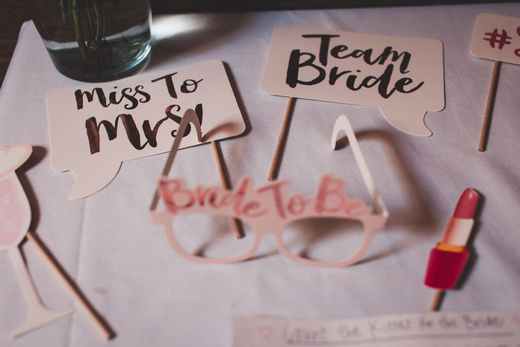Decoration photography close up for the bridal shower including team bride signs.