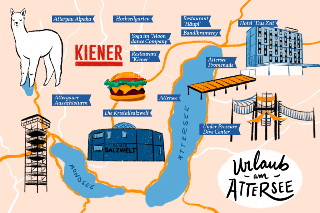 Eine Karte zeigt viele coole Aktivitäten für Urlaub am Attersee an.
