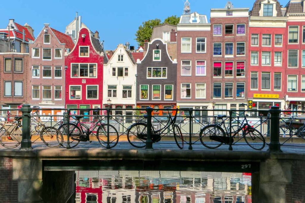 A row of colourful houses in Amsterdam