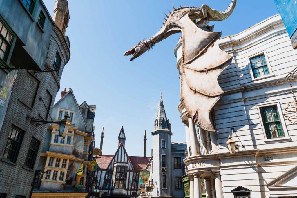 The Wizarding World of Harry Potter in the USA showing a stone dragon on the side of a building.