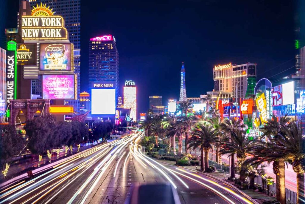The Las Vegas strip lit up in lights as night