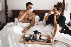 Breakfast in bed as one of our date ideas for staying at home or keeping it cheap.
