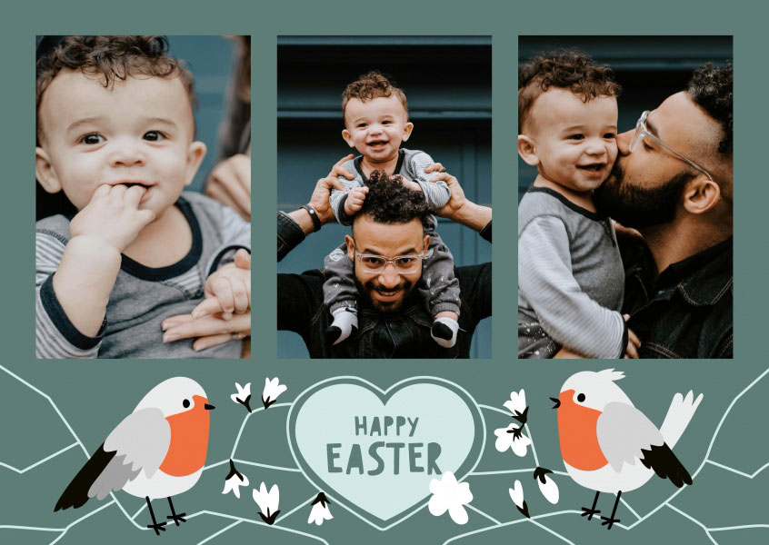 An Easter card design with three photo templates and a green illustration picturing robins and 'Happy Easter' in a heart.