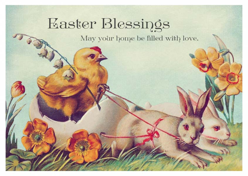 Best Easter card designs - Easter blessings and a painting of rabbits pulling a chicken in a carriage made out of an egg