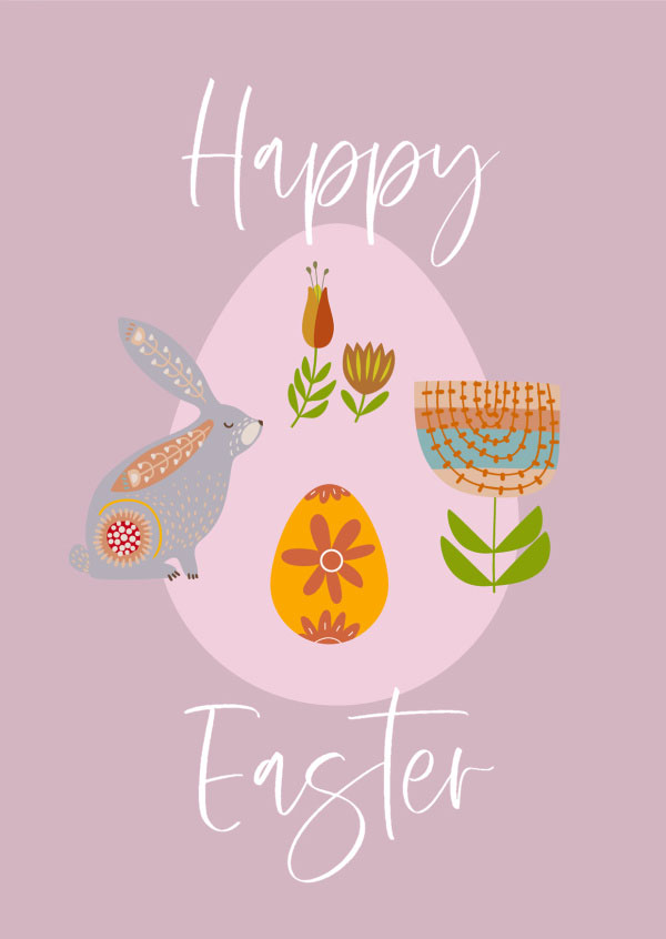 Illustrations of Easter themed objects in the middle of the Easter card and the words 'Happy Easter' surrounding them.