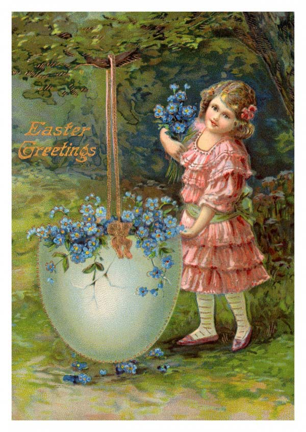 A classic postcard with a painting of a little girl next to a supersize broken egg filled with flowers 